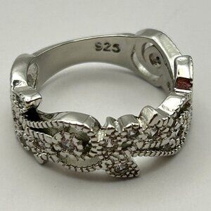 Sterling Silver 925 Wide Band Filigree Ring Clear CZ Accents Size 7
